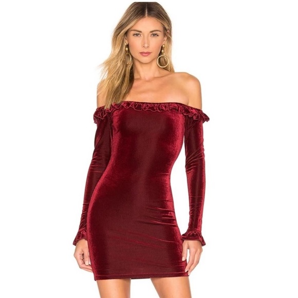 REVOLVE ABOUT US Danielle Red Velvet Off Shoulder Ribbed Bodycon Mini Dress M - Picture 2 of 14